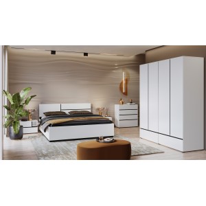 Chambre complète HAVANA blanc et noir – Lit coffre 160x200, armoire 4 portes, chevets et commode