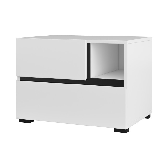 Chambre complète HAVANA blanc et noir – Lit coffre 160x200, armoire 4 portes, chevets et commode