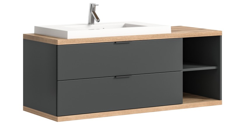Meuble sous vasque NOYA gris à suspendre – 2 tiroirs + niche, 130 cm, sans vasque