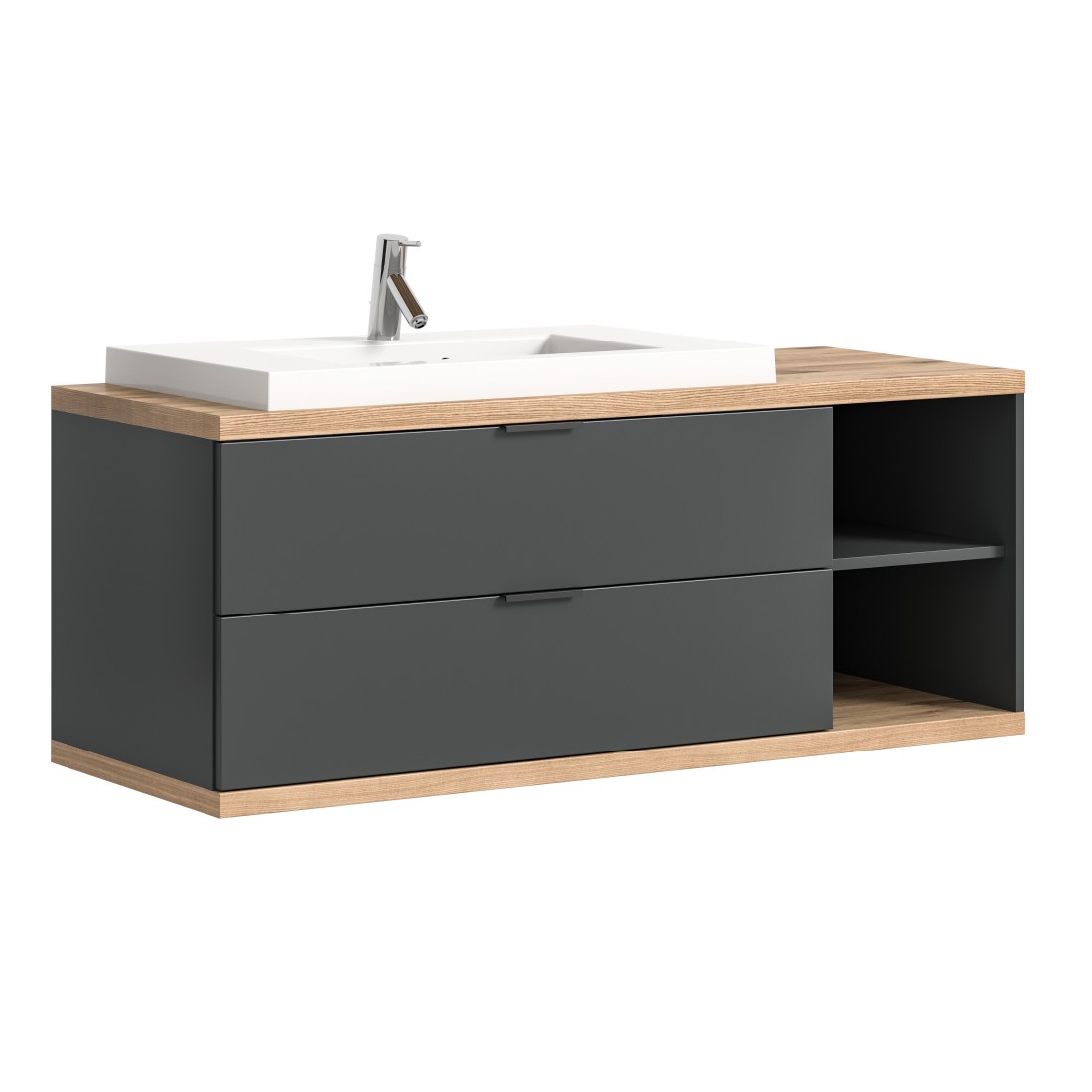 Meuble sous vasque NOYA gris à suspendre – 2 tiroirs + niche, 130 cm, sans vasque
