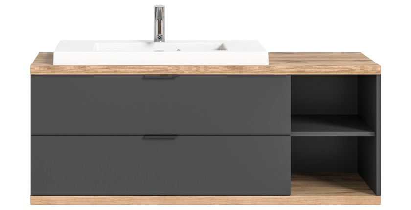 Meuble sous vasque NOYA gris à suspendre – 2 tiroirs + niche, 130 cm, sans vasque