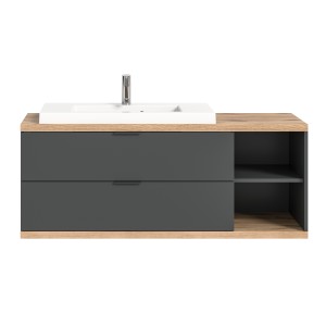 Meuble sous vasque NOYA gris à suspendre – 2 tiroirs + niche, 130 cm, sans vasque