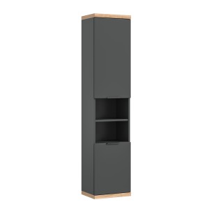 Colonne de salle de bain NOYA gris à suspendre – 2 portes, 3 étagères, 161 cm