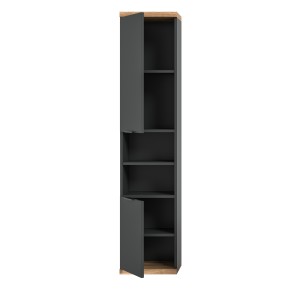 Colonne de salle de bain NOYA gris à suspendre – 2 portes, 3 étagères, 161 cm