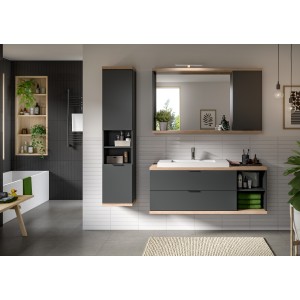 Colonne de salle de bain NOYA gris à suspendre – 2 portes, 3 étagères, 161 cm