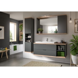 Miroir de salle de bain NOYA gris avec rangement – 130 cm, 2 niches, à suspendre