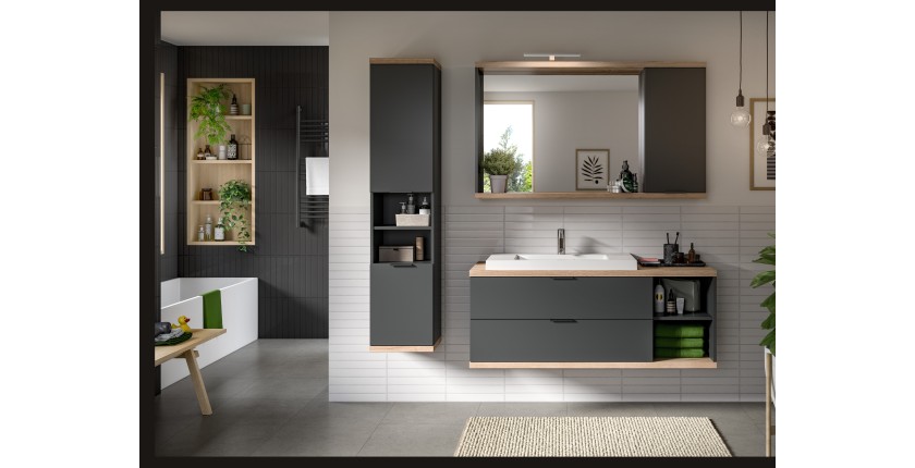 Miroir de salle de bain NOYA gris avec rangement – 130 cm, 2 niches, à suspendre