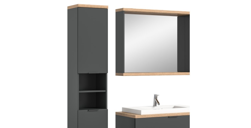 Ensemble salle de bain NOYA gris – meuble sous vasque, miroir avec rangement et colonne suspendue
