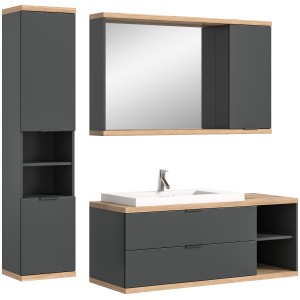 Ensemble salle de bain NOYA gris – meuble sous vasque, miroir avec rangement et colonne suspendue