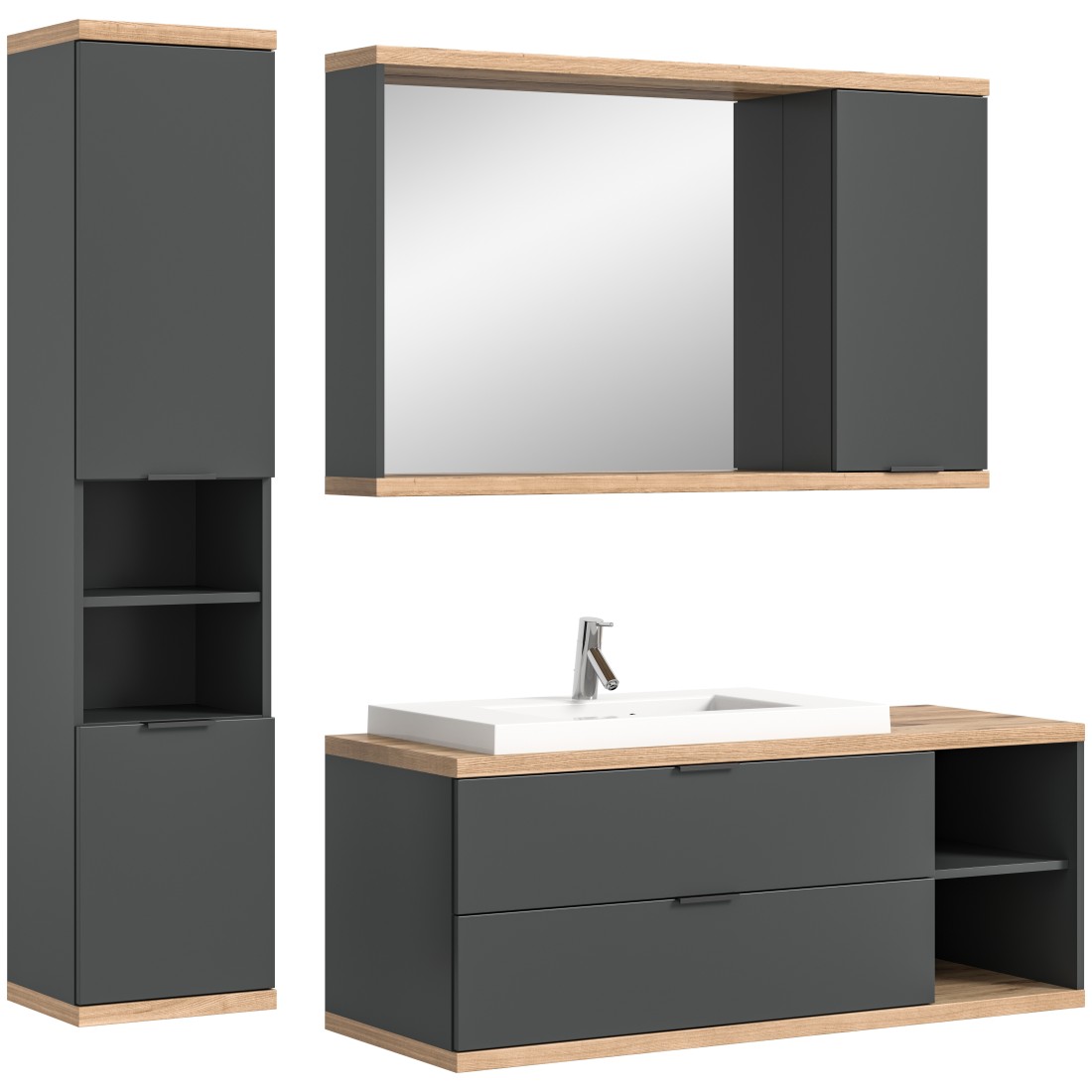 Ensemble salle de bain NOYA gris – meuble sous vasque, miroir avec rangement et colonne suspendue