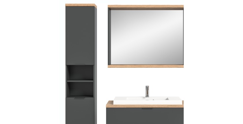 Ensemble salle de bain NOYA gris – meuble sous vasque, miroir avec rangement et colonne suspendue