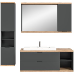 Ensemble salle de bain NOYA gris – meuble sous vasque, miroir avec rangement et colonne suspendue