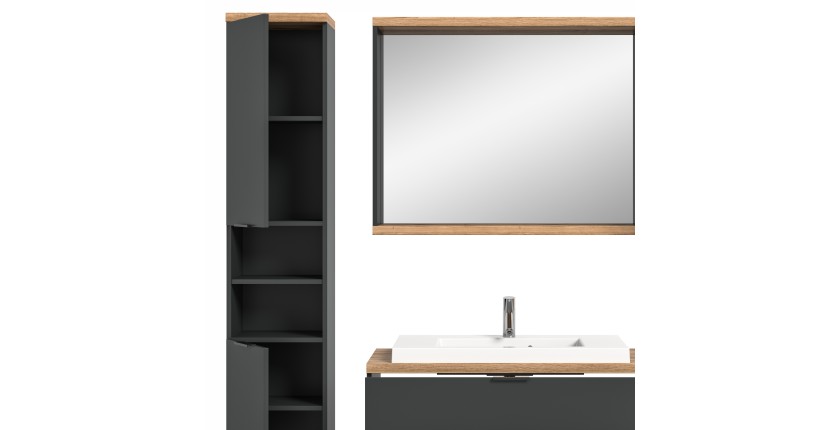 Ensemble salle de bain NOYA gris – meuble sous vasque, miroir avec rangement et colonne suspendue
