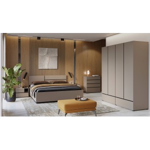 Chambre HAVANA complète beige et noir avec lit coffre 160x200, armoire 4 portes, commode et chevets