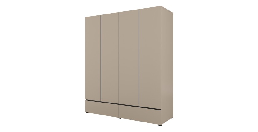 Chambre HAVANA complète beige et noir avec lit coffre 160x200, armoire 4 portes, commode et chevets
