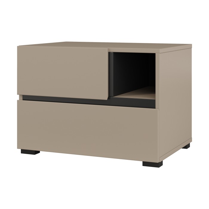 Chambre HAVANA complète beige et noir avec lit coffre 160x200, armoire 4 portes, commode et chevets