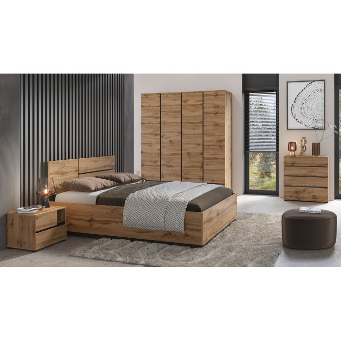 Chambre complète HAVANA chêne et noir – Lit coffre 180x200, armoire 4 portes, chevets et commode
