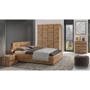 Chambre complète HAVANA chêne et noir – Lit coffre 180x200, armoire 4 portes, chevets et commode