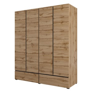 Chambre complète HAVANA chêne et noir – Lit coffre 180x200, armoire 4 portes, chevets et commode