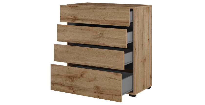 Chambre complète HAVANA chêne et noir – Lit coffre 180x200, armoire 4 portes, chevets et commode