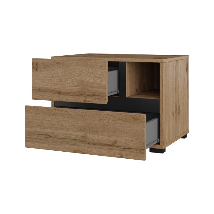 Camera completa HAVANA in rovere e nero - Letto contenitore 180x200, armadio 4 porte, comodini e cassettiera
