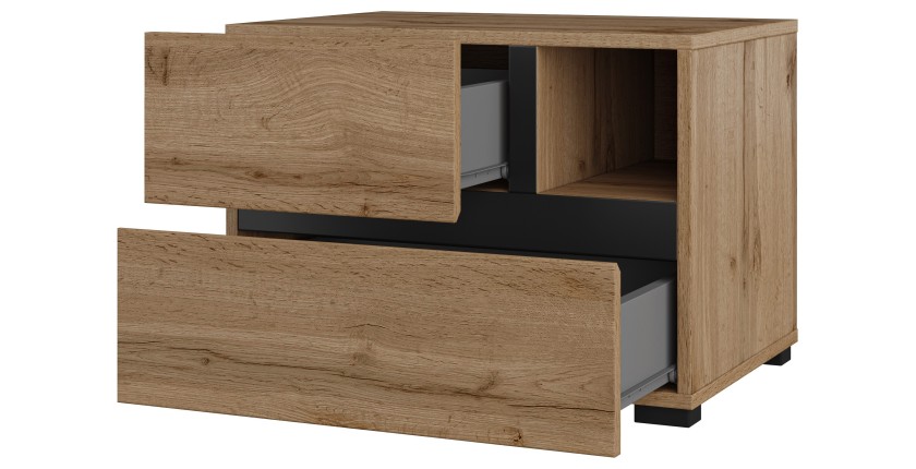 Chambre complète HAVANA chêne et noir – Lit coffre 180x200, armoire 4 portes, chevets et commode