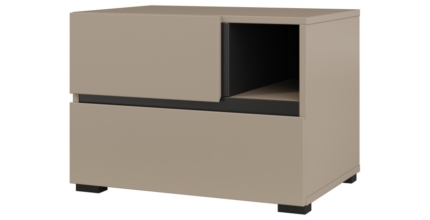 Chambre complète HAVANA beige et noir – Lit coffre 180x200, armoire 4 portes, chevets et commode