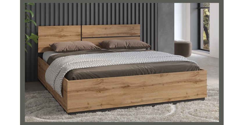 Bed HAVANA 180x200 eiken en zwart met lattenbodem – Natuurlijke stijl en groot slaapcomfort