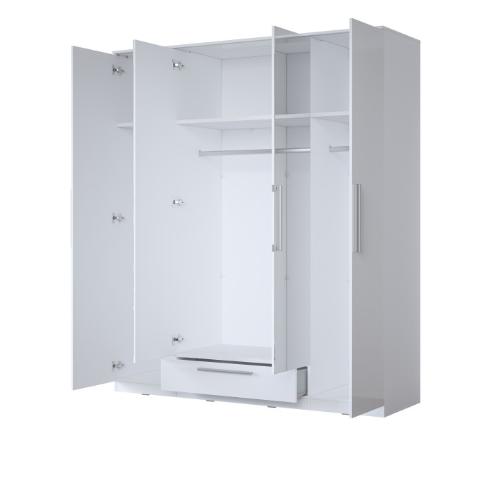 Armoire blanche BOMBAY design 4 portes miroir avec LED multicolore et tiroir