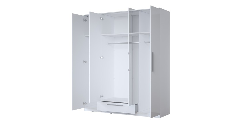 Armoire blanche BOMBAY design 4 portes miroir avec LED multicolore et tiroir