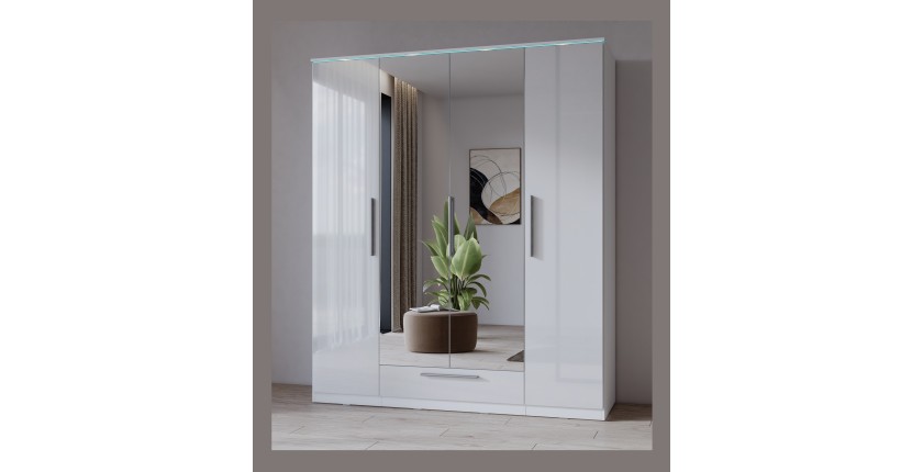 Armoire blanche BOMBAY design 4 portes miroir avec LED multicolore et tiroir