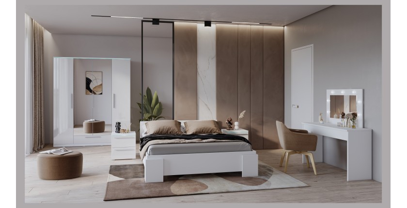 Armoire blanche BOMBAY design 4 portes miroir avec LED multicolore et tiroir