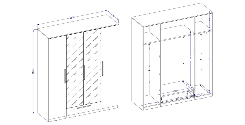 Armoire blanche BOMBAY design 4 portes miroir avec LED multicolore et tiroir