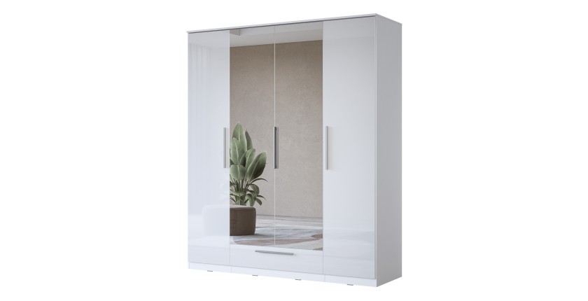Armario blanco BOMBAY diseño 4 puertas espejo con LED multicolor y cajón