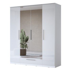 Armoire blanche BOMBAY design 4 portes miroir avec LED multicolore et tiroir
