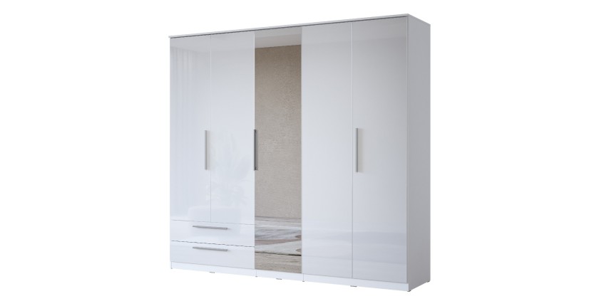 Armoire BOMBAY – 5 portes 2 tiroirs avec miroir – LED multicolore – Coloris blanc – Design moderne