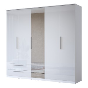 Armoire BOMBAY – 5 portes 2 tiroirs avec miroir – LED multicolore – Coloris blanc – Design moderne