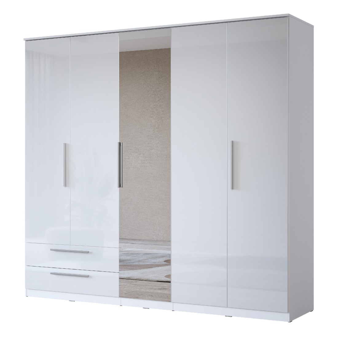 Armario BOMBAY – 5 puertas 2 cajones con espejo – LED multicolor – Color blanco – Diseño moderno