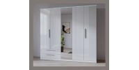 Armoire BOMBAY – 5 portes 2 tiroirs avec miroir – LED multicolore – Coloris blanc – Design moderne