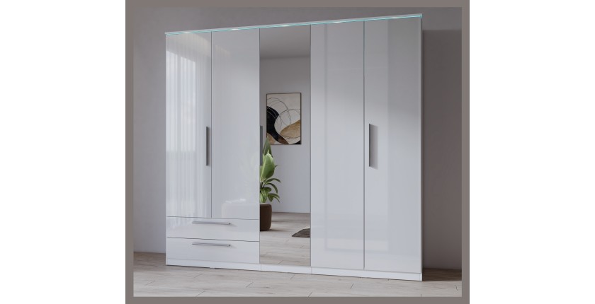 Armoire BOMBAY – 5 portes 2 tiroirs avec miroir – LED multicolore – Coloris blanc – Design moderne