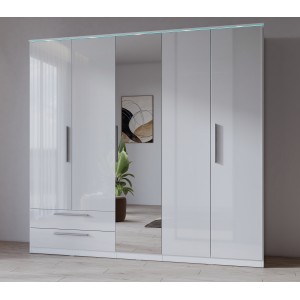 Armario BOMBAY – 5 puertas 2 cajones con espejo – LED multicolor – Color blanco – Diseño moderno
