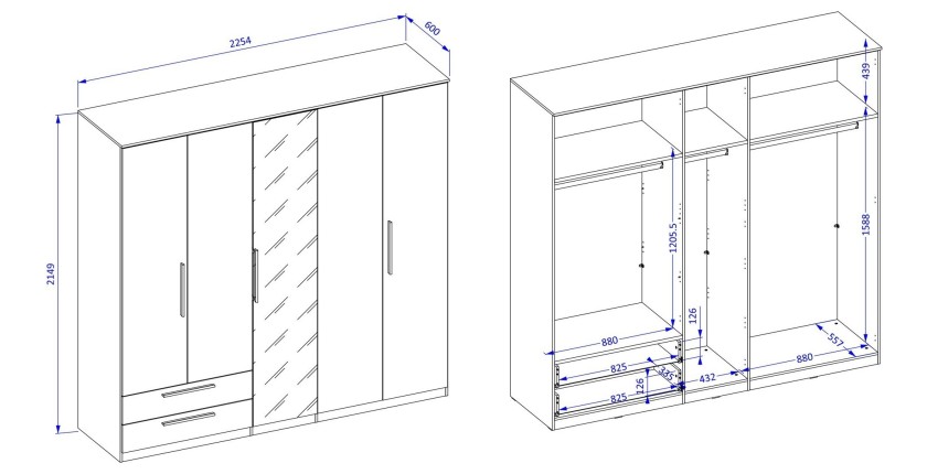 Armoire BOMBAY – 5 portes 2 tiroirs avec miroir – LED multicolore – Coloris blanc – Design moderne