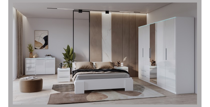 Armoire BOMBAY – 5 portes 2 tiroirs avec miroir – LED multicolore – Coloris blanc – Design moderne