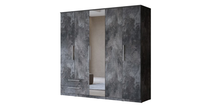 Armoire BOMBAY – 5 portes 2 tiroirs – effet ardoise – avec miroir et éclairage LED intégré