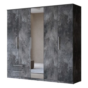 Armoire BOMBAY – 5 portes 2 tiroirs – effet ardoise – avec miroir et éclairage LED intégré