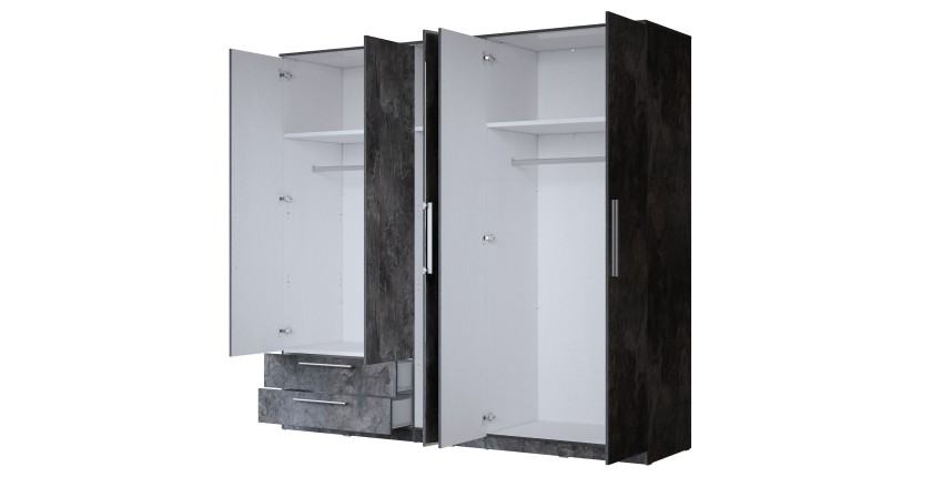 Armoire BOMBAY – 5 portes 2 tiroirs – effet ardoise – avec miroir et éclairage LED intégré