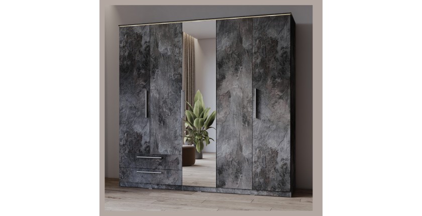 Armario BOMBAY – 5 puertas 2 cajones – efecto pizarra – con espejo e iluminación LED integrada