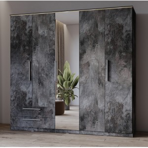Armario BOMBAY – 5 puertas 2 cajones – efecto pizarra – con espejo e iluminación LED integrada
