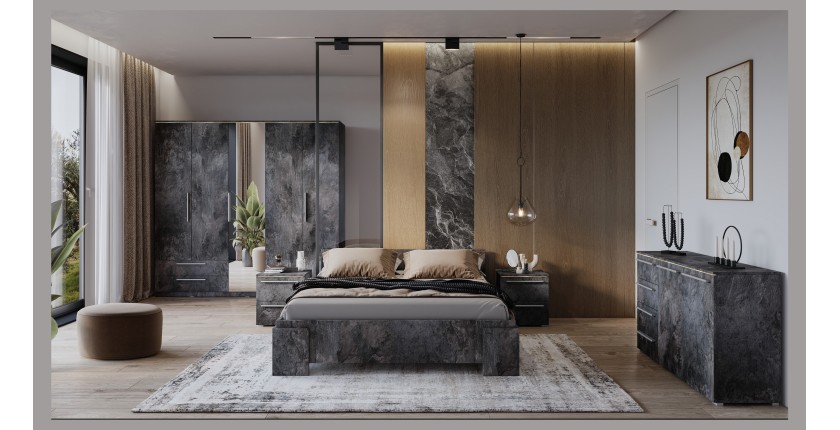 Armoire BOMBAY – 5 portes 2 tiroirs – effet ardoise – avec miroir et éclairage LED intégré