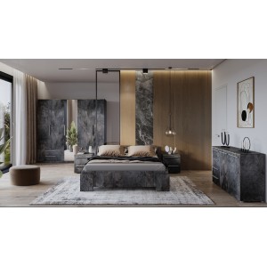 Armoire BOMBAY – 5 portes 2 tiroirs – effet ardoise – avec miroir et éclairage LED intégré